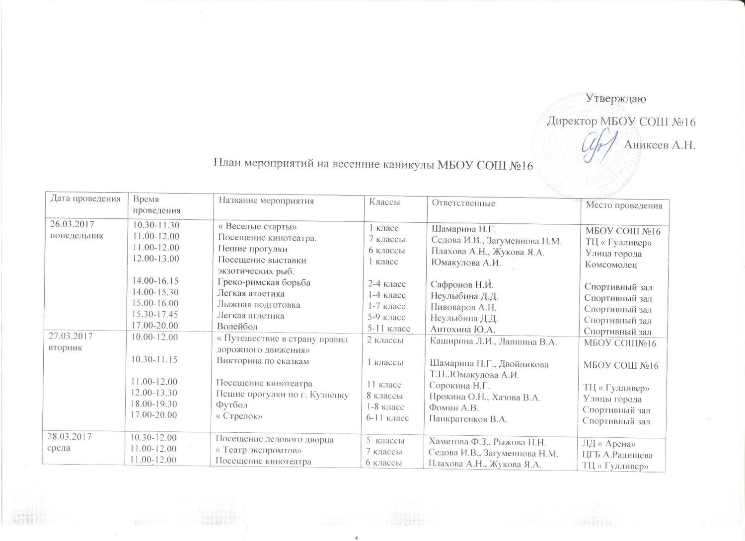 План мероприятий на весенние каникулы